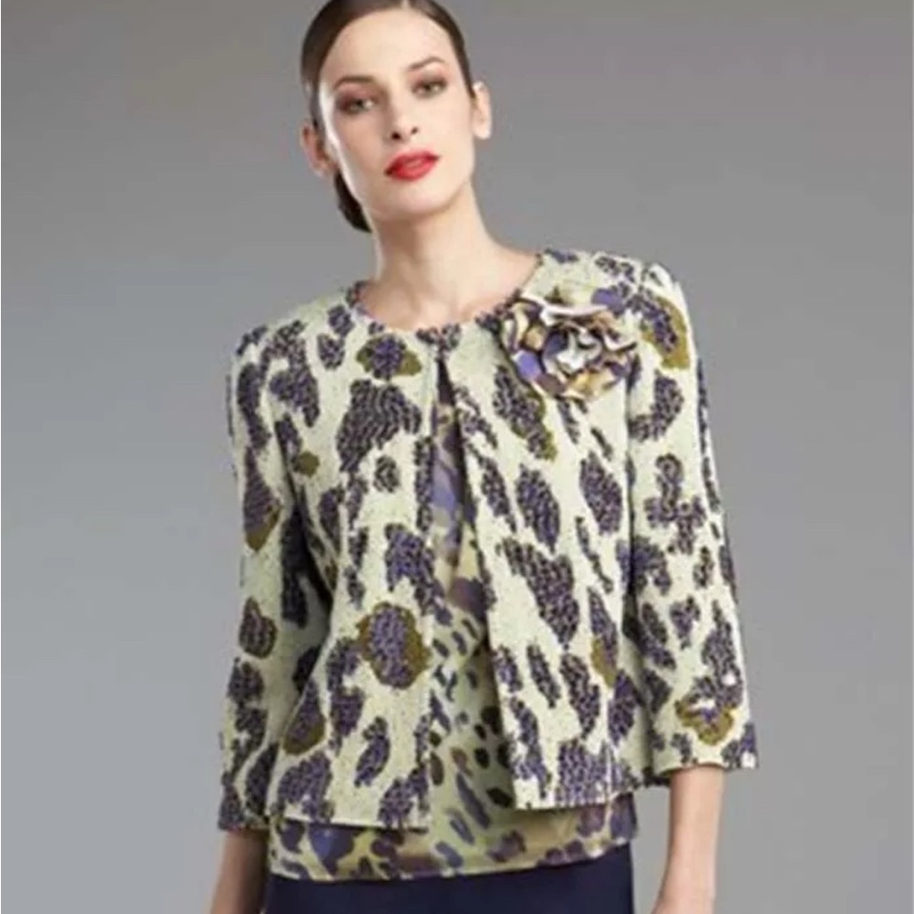 ST. JOHN Jacket and Top Set Green Multicolor Animal Cheetah Print - Sz. 2